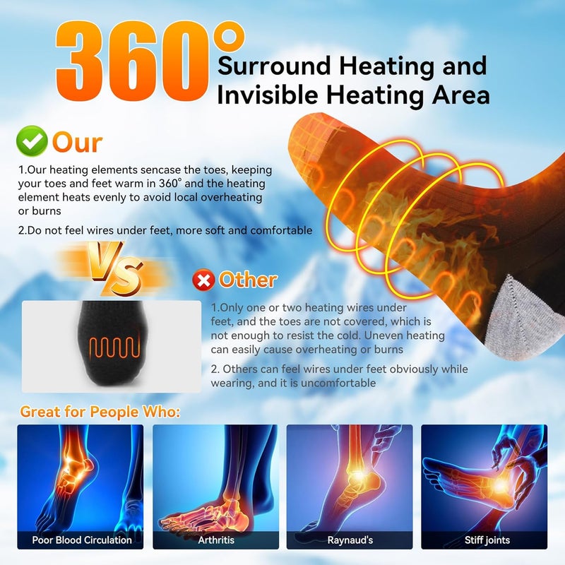 Rasfalo Heated Socks for Men Women, Rechargeable Heated Socks with 4000mAh Battery 3 Heating Levels, Electric Socks Thermal Foot Warmer Socks for Winter Outdoor Sports, Camping, Hunting - Image 3